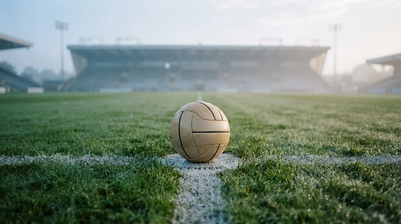 Ein einzelner Fussball liegt auf dem Anstosspunkt eines leeren Rasenplatzes am frühen Morgen, Tau glitzert auf dem Gras, die Tribüne liegt im Dunst.