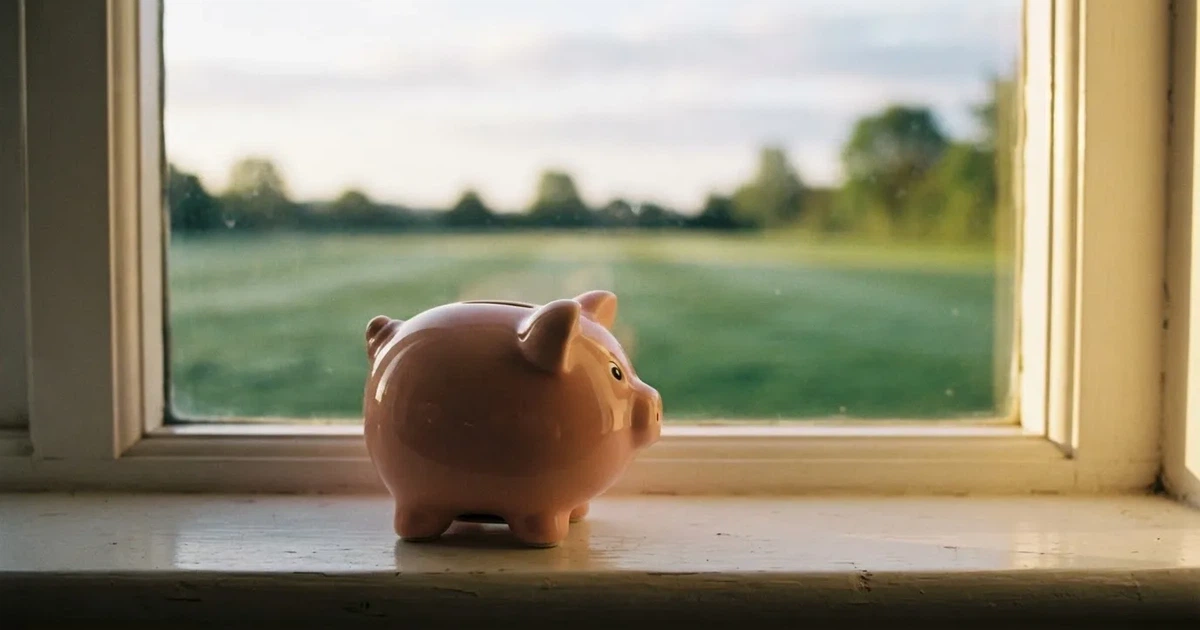 Ein kleines Sparschwein aus Keramik steht auf einem Fensterbrett, im Hintergrund ein verschwommener Rasenplatz im Morgenlicht.