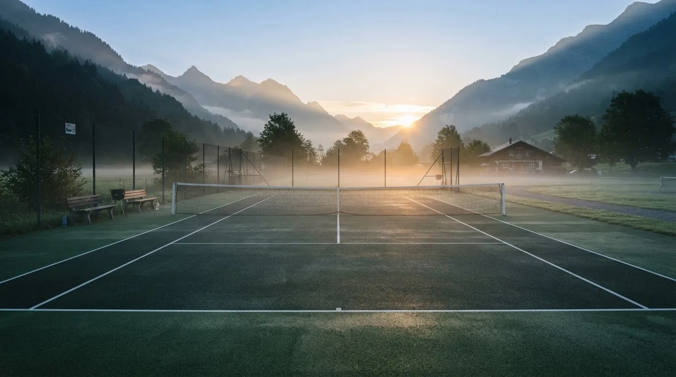 Ein Tennisplatz bei Sonnenaufgang, die Linien frisch gezogen, das Netz in der Mitte und Nebel über dem Boden.