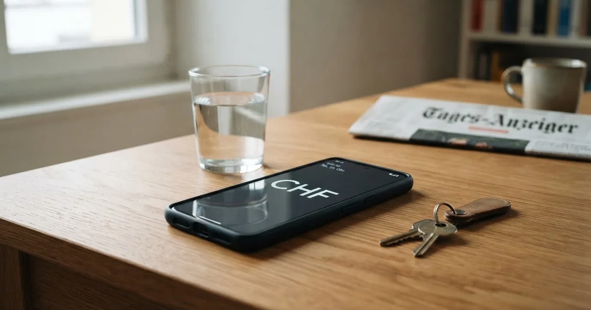 Ein Smartphone mit schwarzem Display liegt auf einem Holztisch neben einem Glas Wasser und einem Schlüsselbund.