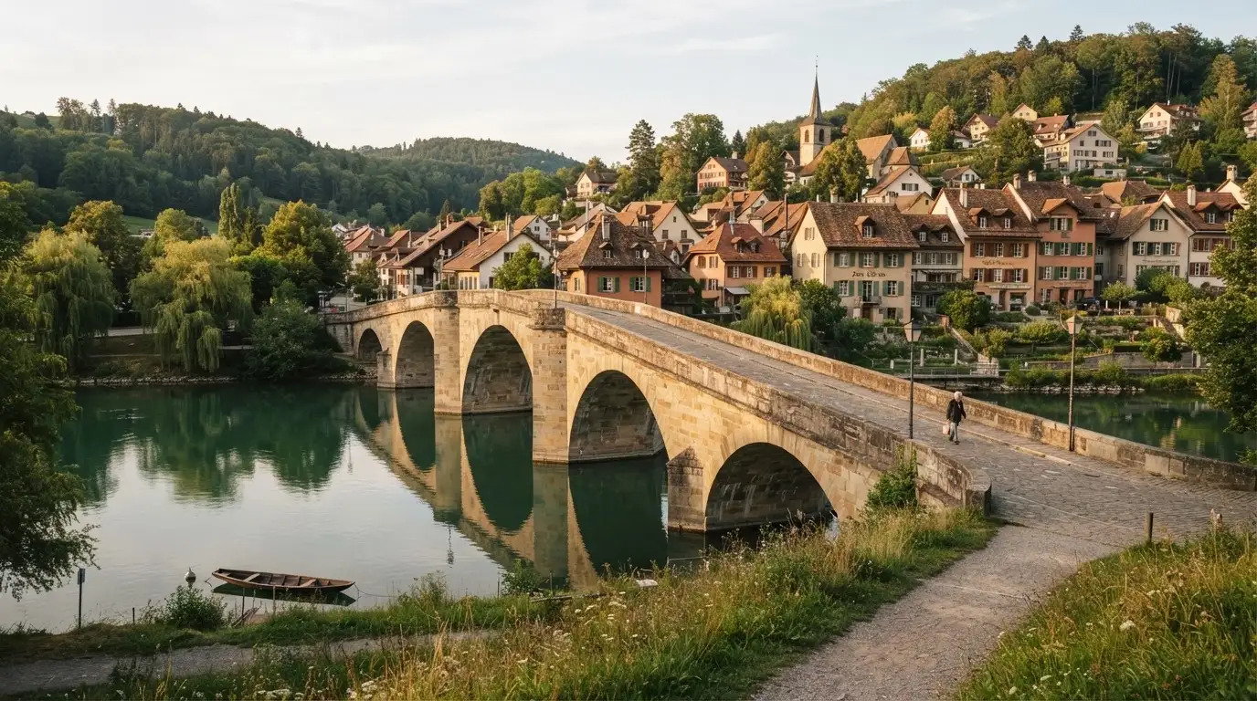 Eine alte Steinbrücke über einen ruhigen Fluss, dahinter Häuser mit Ziegeldächern und bewaldete Hügel.