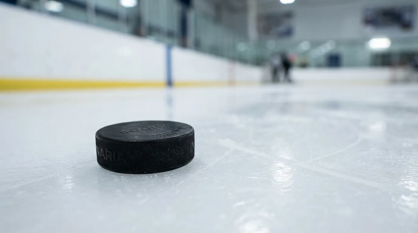 Ein Eishockeypuck liegt auf dem Eis, im Hintergrund unscharf die Bande unter hellem Hallenlicht.