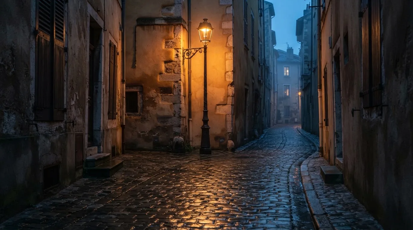 Eine Strassenlaterne in einer leeren Gasse am Abend, das nasse Kopfsteinpflaster spiegelt das warme Licht.
