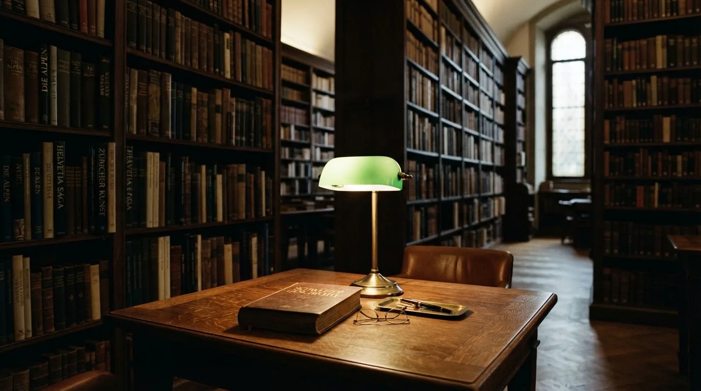 Eine Bibliothek mit hohen Holzregalen voller Bücher, im Vordergrund ein Lesetisch mit grüner Lampe.