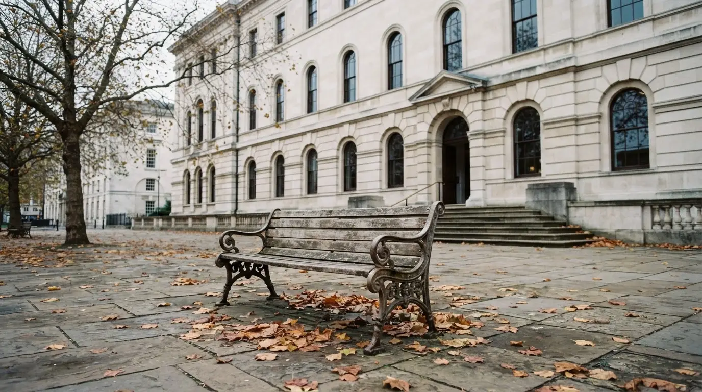 Eine Holzbank steht vor einem Verwaltungsgebäude aus Stein mit hohen Fenstern, Herbstlaub liegt auf dem Boden.