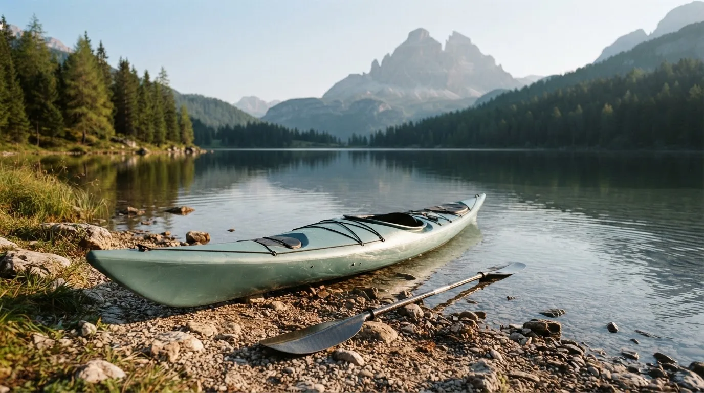 Ein Kajak liegt am Ufer eines Bergsees, daneben ein Paddel, das Wasser ist glatt und der Himmel klar.