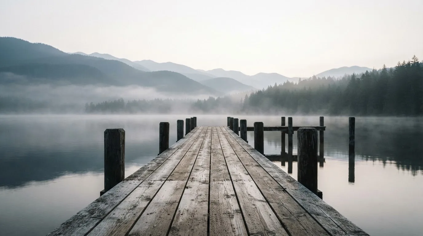 Ein Seeufer mit einem hölzernen Steg, Nebel liegt über dem Wasser, am anderen Ufer erheben sich Berge.