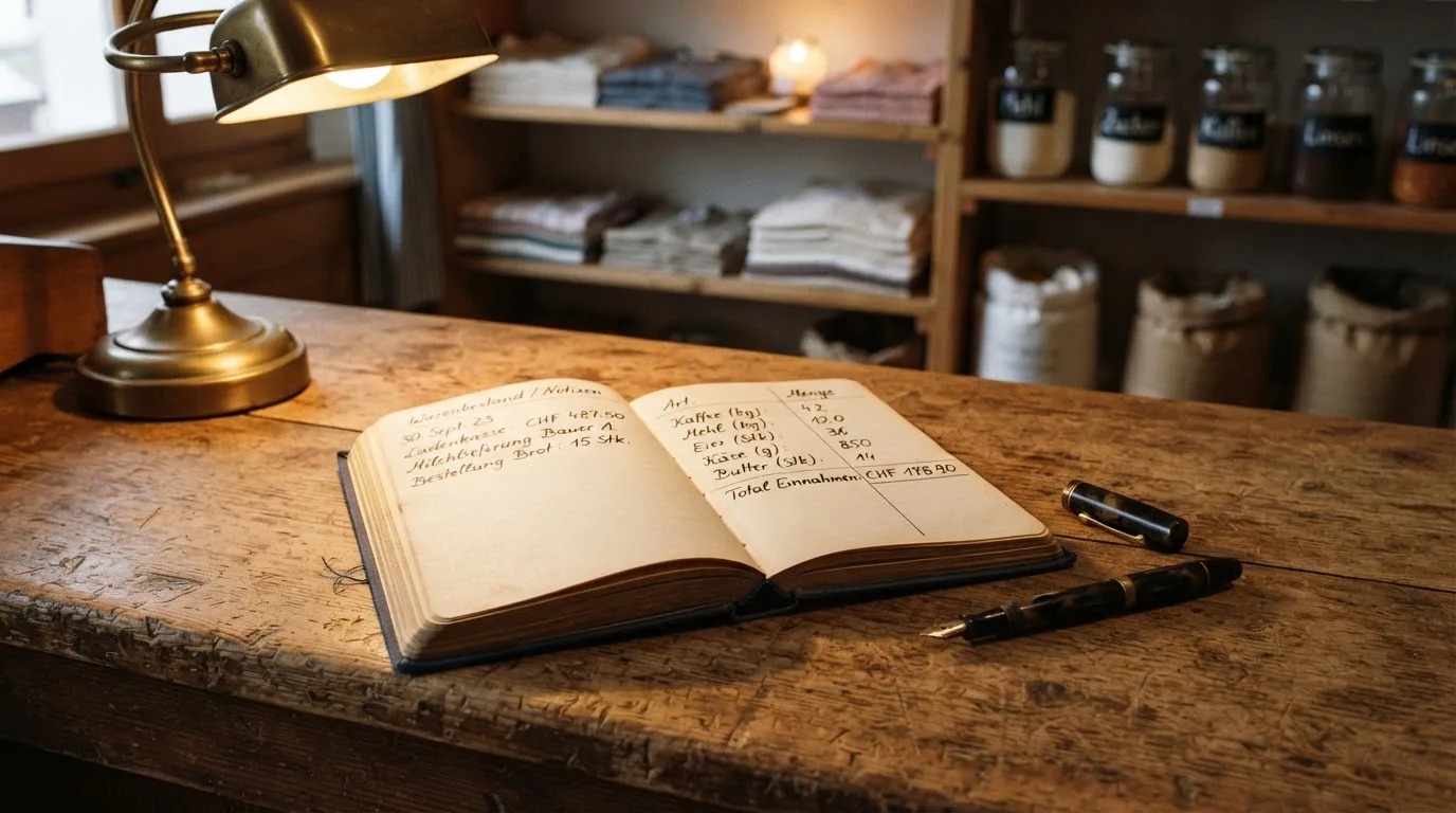 Ein alter Holztresen mit einem Notizbuch und einem Taschenrechner in warmem Lampenlicht, Regale im Hintergrund.