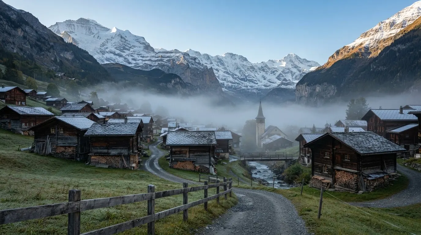 Ein Bergdorf mit Holzhäusern im Tal an einem klaren Morgen, über den Dächern liegen Nebelschwaden und darüber ragen Gipfel.