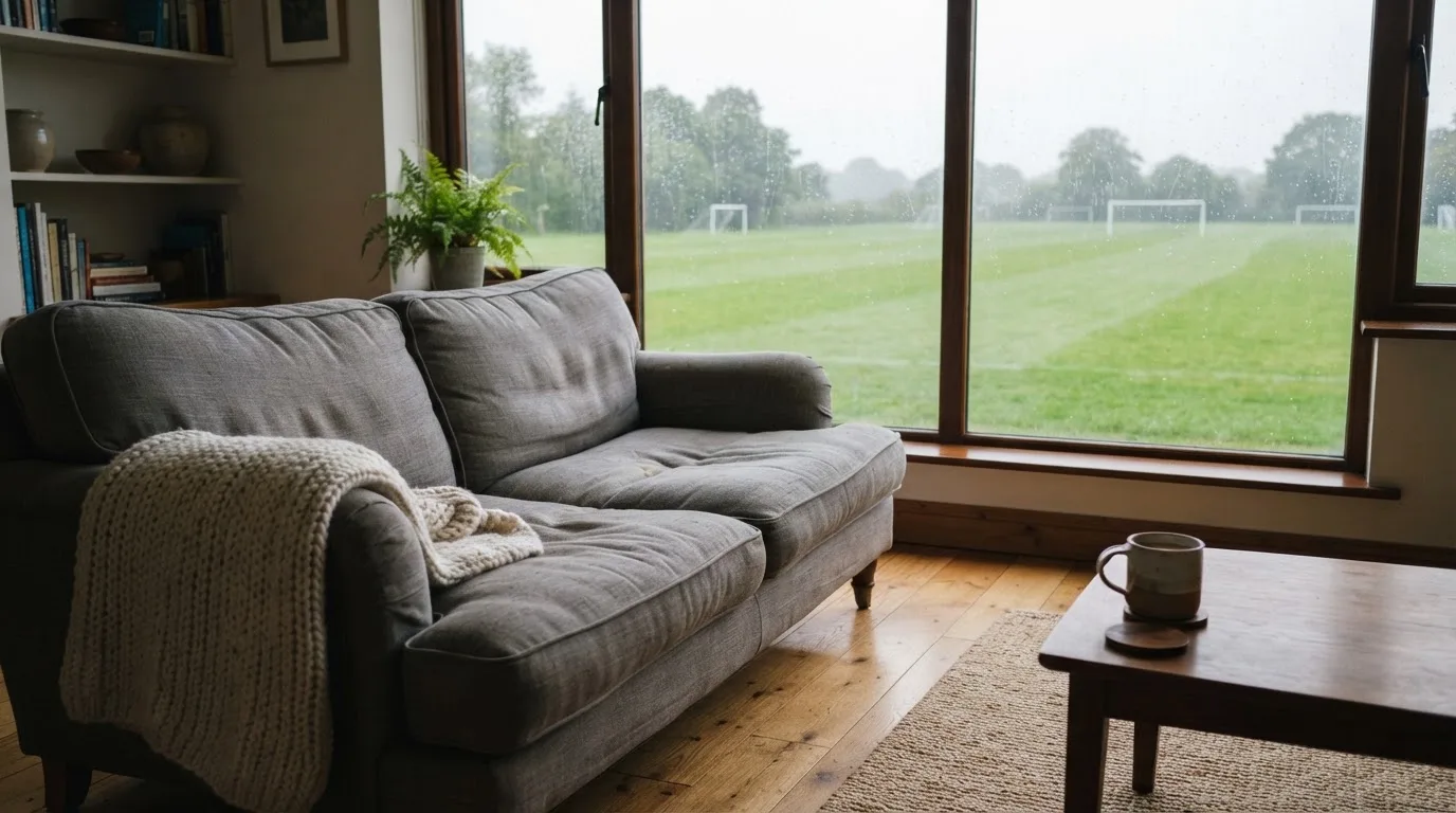 Ein Sofa mit Wolldecke steht vor einem grossen Fenster, draussen Regen und in der Ferne ein Fussballplatz.