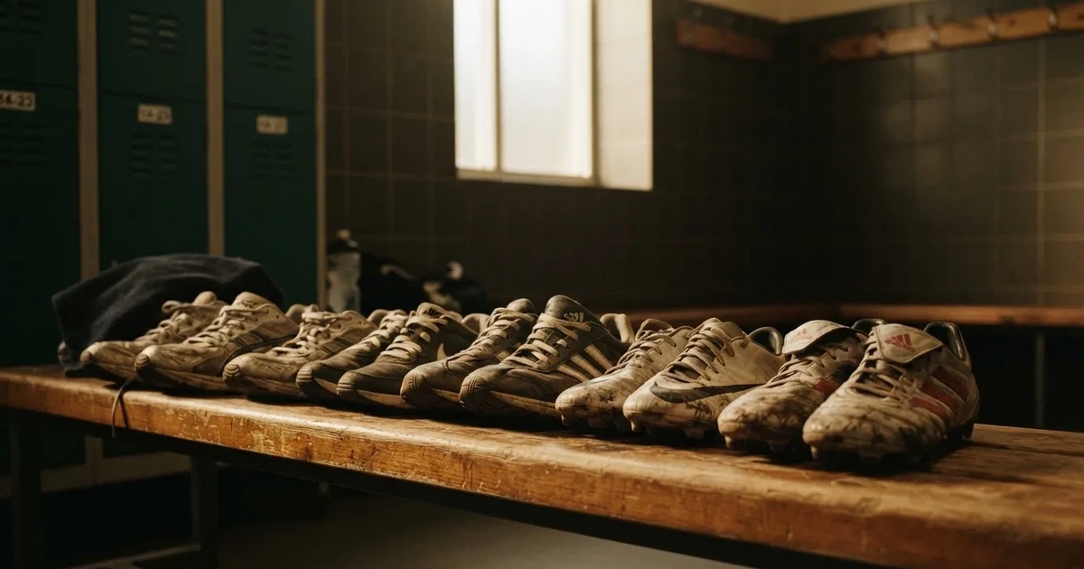 Eine Reihe Sportschuhe steht auf einer Bank in einer Umkleide, Licht fällt aus einem hohen Fenster.