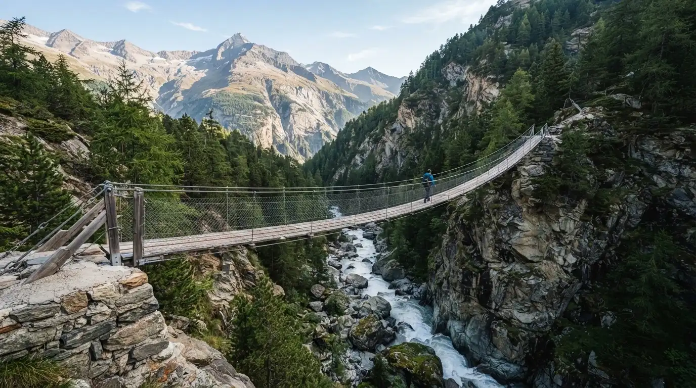 Eine Hängebrücke spannt sich über eine tiefe Schlucht, unten rauscht ein Fluss zwischen bewaldeten Felswänden.