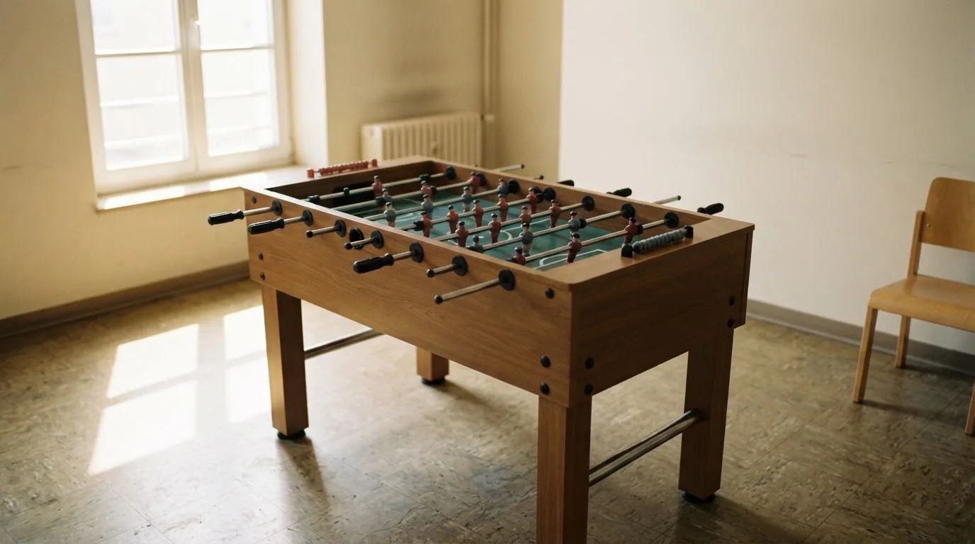 Ein Tischfussballtisch steht in einem leeren Aufenthaltsraum, Nachmittagslicht fällt durch ein Fenster.