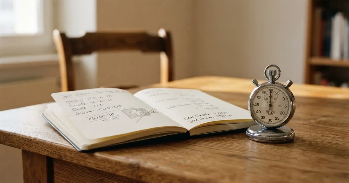 Ein aufgeschlagenes Notizbuch mit handschriftlichen Notizen und Skizzen liegt neben einer Stoppuhr auf einem Holztisch.