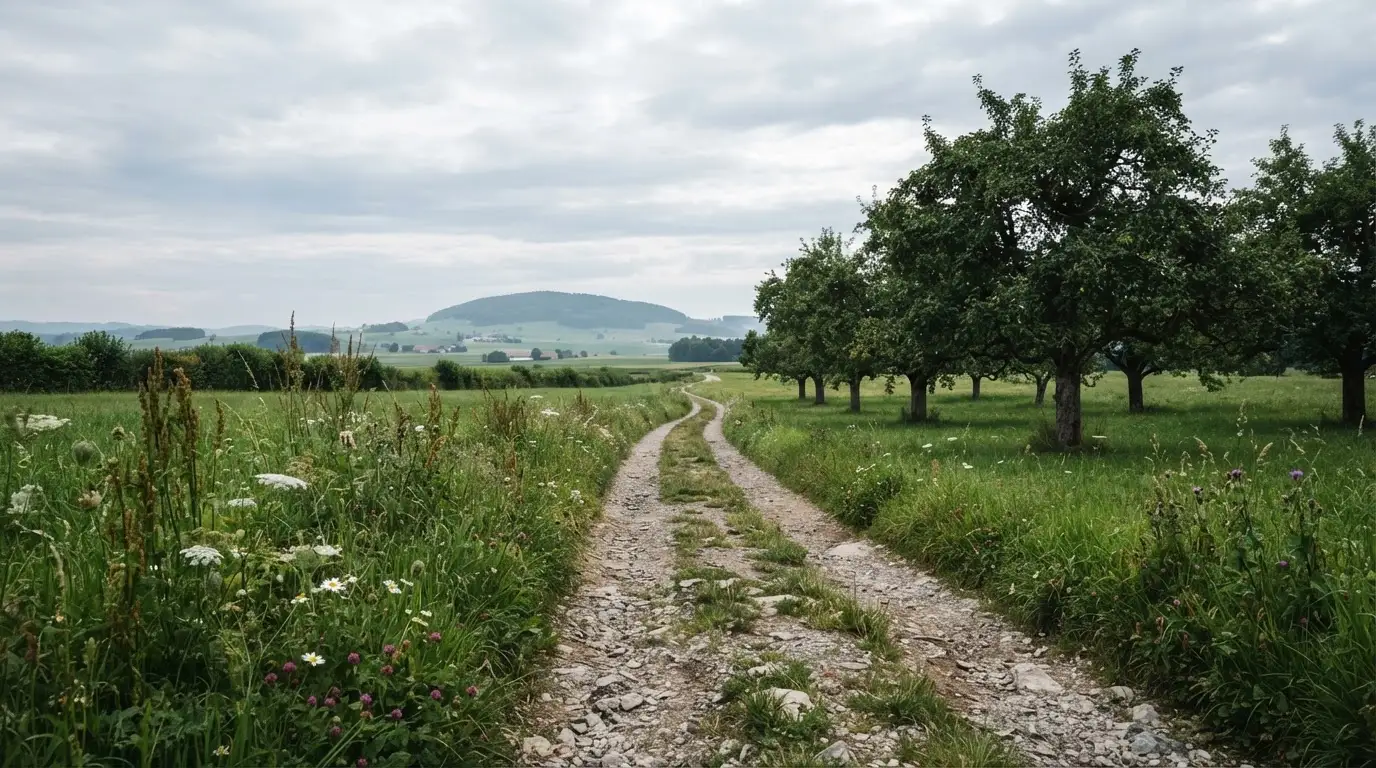 Ein Feldweg führt zwischen Wiesen zu einem Hügel, der Himmel ist bewölkt, am Wegrand stehen Obstbäume.