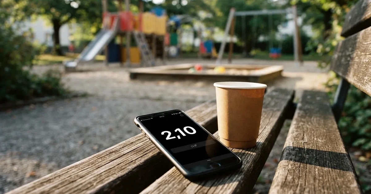 Ein Smartphone mit dunklem Display liegt auf einer Parkbank, daneben ein Kaffeebecher, im Hintergrund ein Spielplatz.