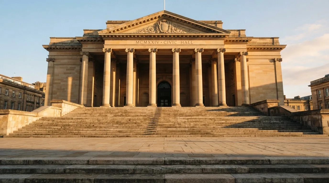 Eine breite Steintreppe führt zu einem Gebäude mit Säulen, die Morgensonne scheint, niemand ist zu sehen.