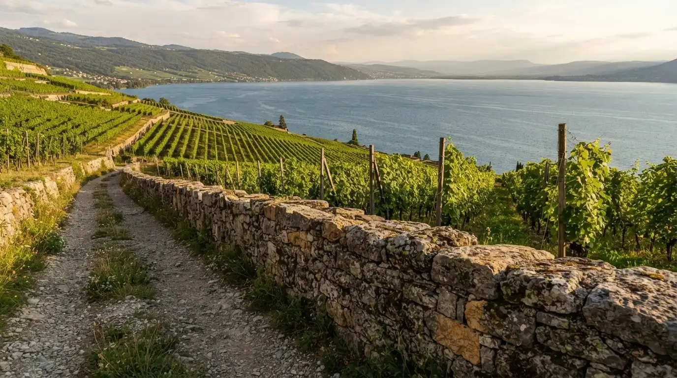 Eine Mauer aus Natursteinen am Wegrand, dahinter Weinberge, die zu einem See hinabführen.