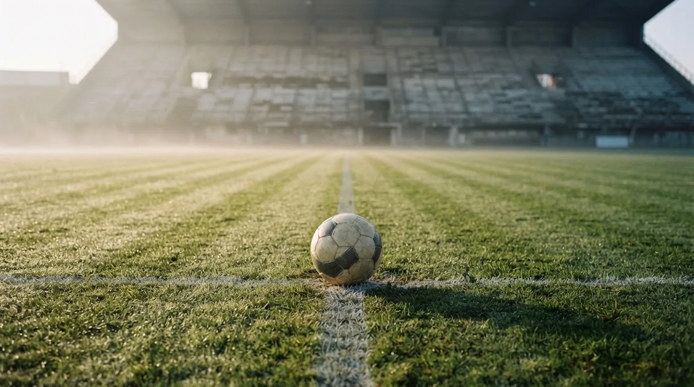 Ein Fussball liegt auf dem Anstosspunkt eines leeren Rasenplatzes im frühen Morgenlicht, dahinter erhebt sich eine menschenleere Tribüne.