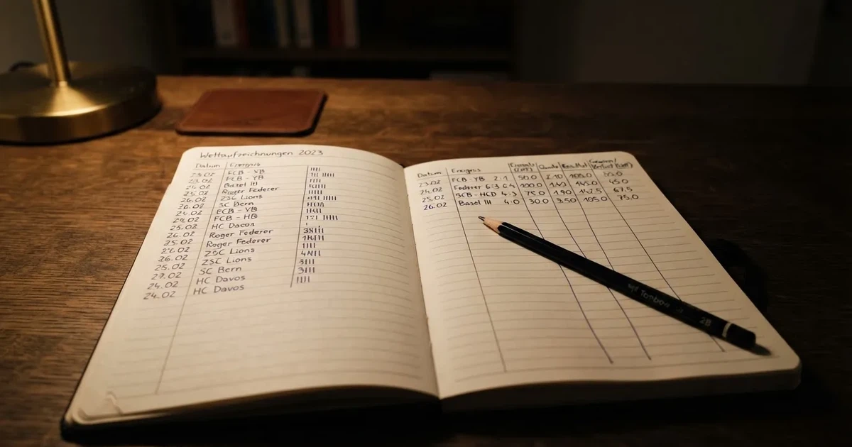Ein aufgeschlagenes Notizbuch mit handschriftlichen Strichlisten und Spalten liegt neben einem Bleistift auf einem Holztisch im warmen Licht einer Schreibtischlampe.