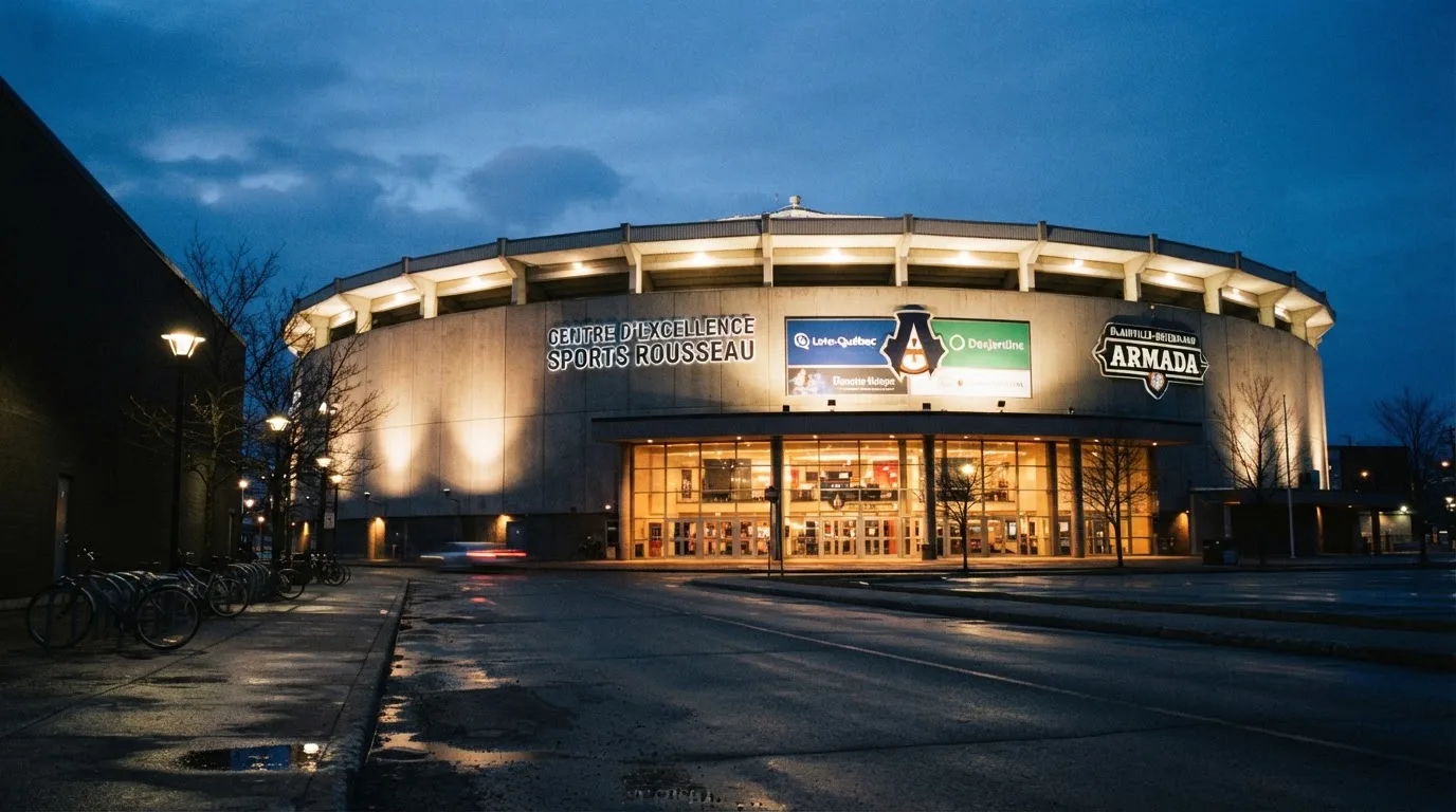 Ein grosses Eisstadion aus der Ferne gesehen, hell erleuchtet von Flutlicht in der Abenddämmerung, davor eine leere Strasse.