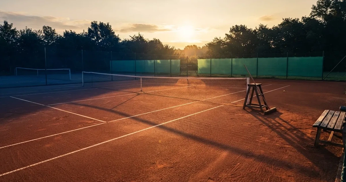 Ein Sandplatz für Tennis liegt bei Sonnenaufgang still da, das Netz wirft einen langen Schatten über die weissen Linien.