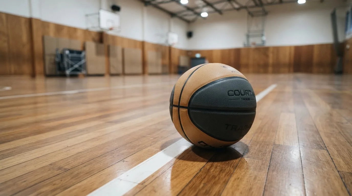 Ein Basketball liegt auf dem Parkett einer leeren Halle, von den Deckenlampen fällt gleichmässiges Licht auf den Boden.