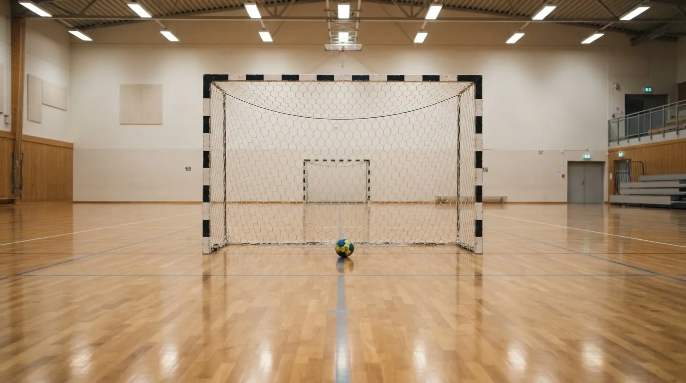 Ein Handballtor in einer leeren Sporthalle, der Ball liegt im Torraum und das Hallenlicht spiegelt sich im Parkett.