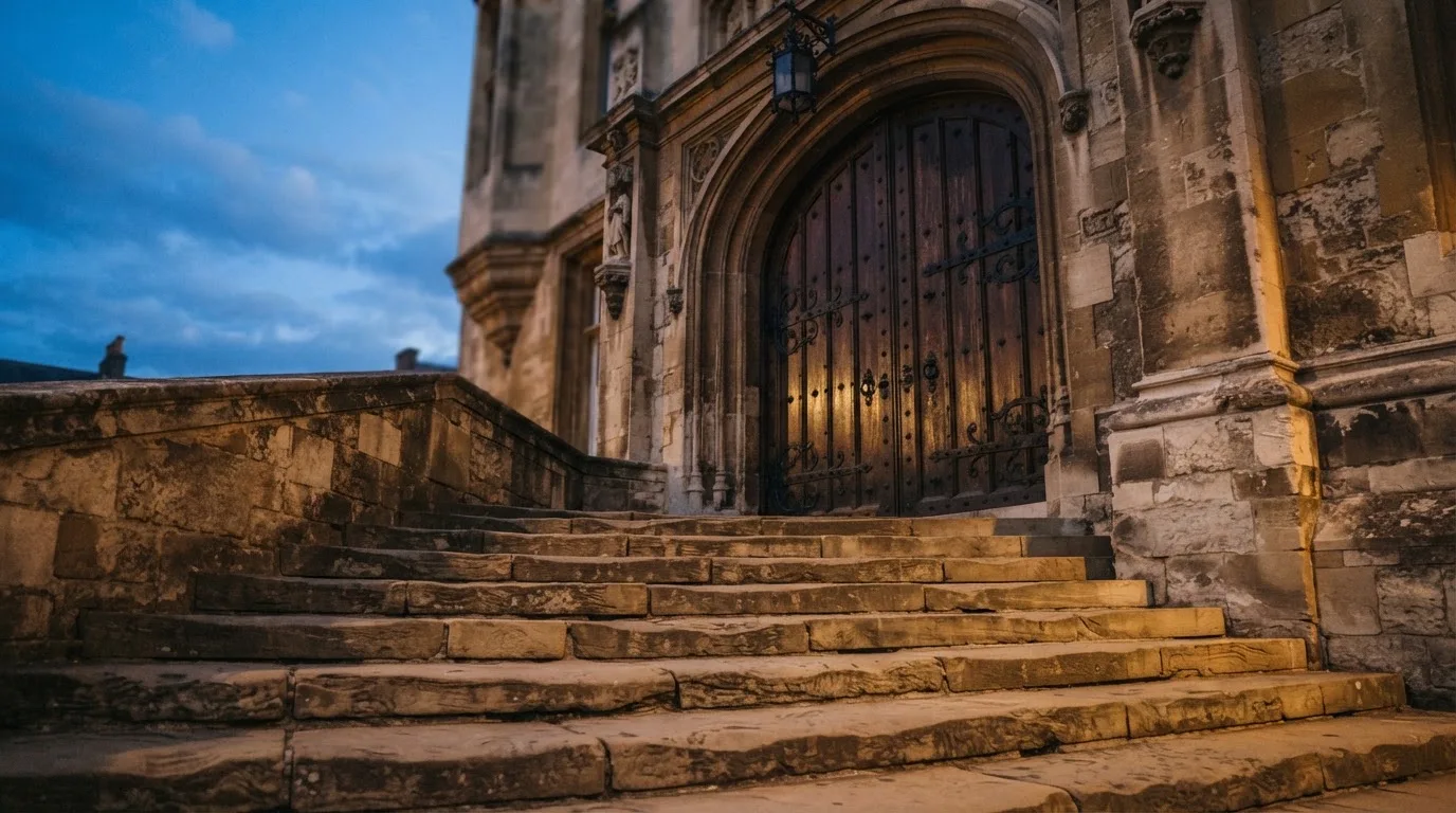 Eine breite Steintreppe führt zu einem hohen Portal aus dunklem Holz, das Licht der Dämmerung liegt auf den Stufen.