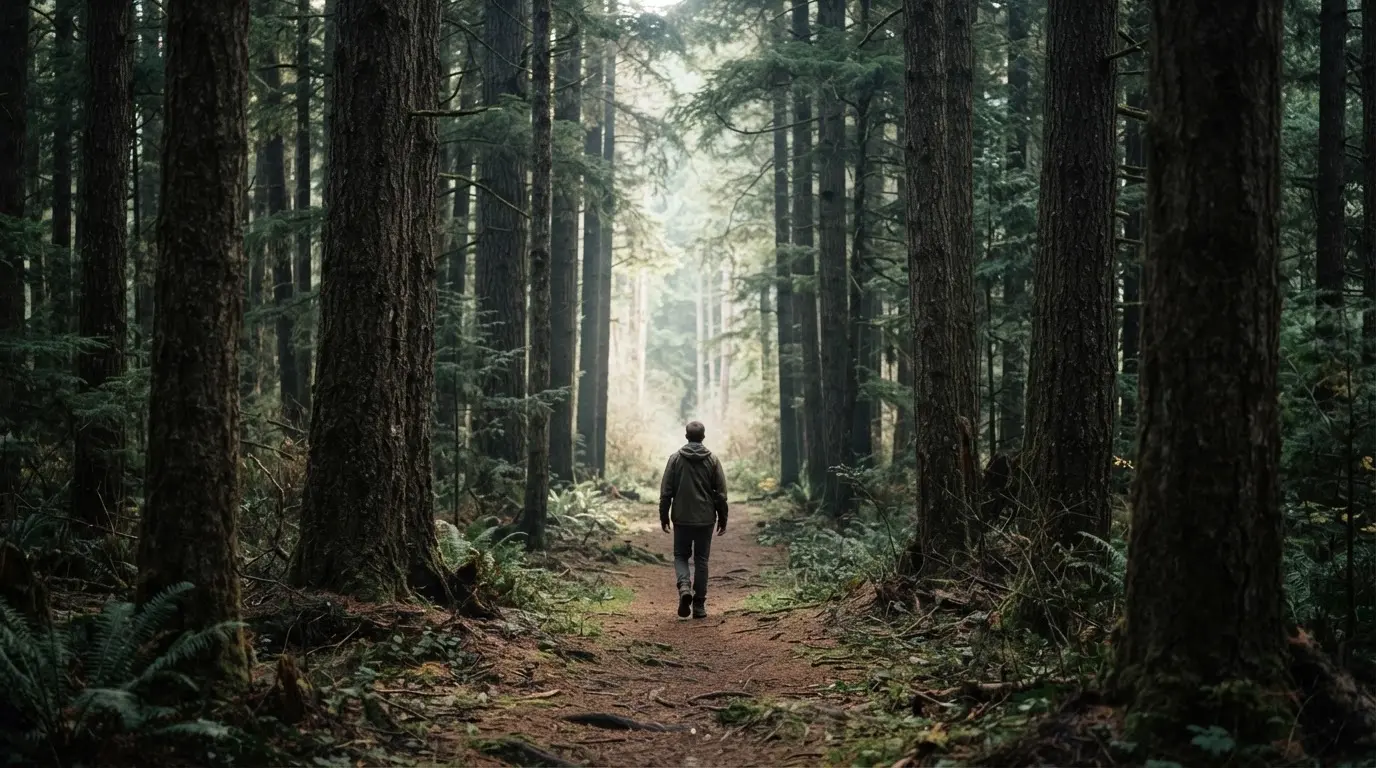Eine Person von hinten auf einem Waldweg, die langsam zwischen hohen Tannen geht.