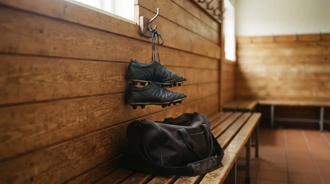 Ein Paar Fussballschuhe hängt an einem Haken in einer ruhigen Umkleide, darunter steht eine Sporttasche auf einer Holzbank.