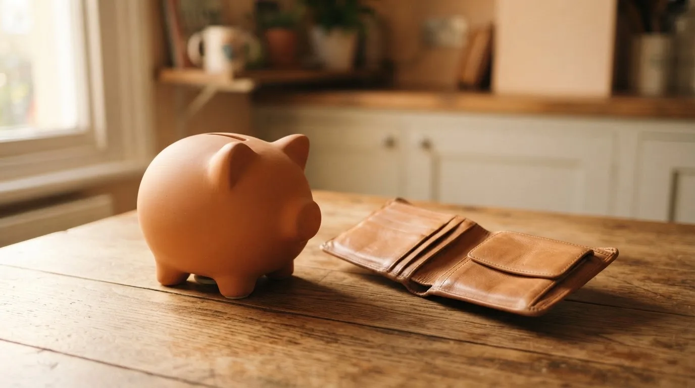 Ein Sparschwein aus Keramik steht auf einem Küchentisch neben einer leeren Geldbörse im Licht des Morgens.