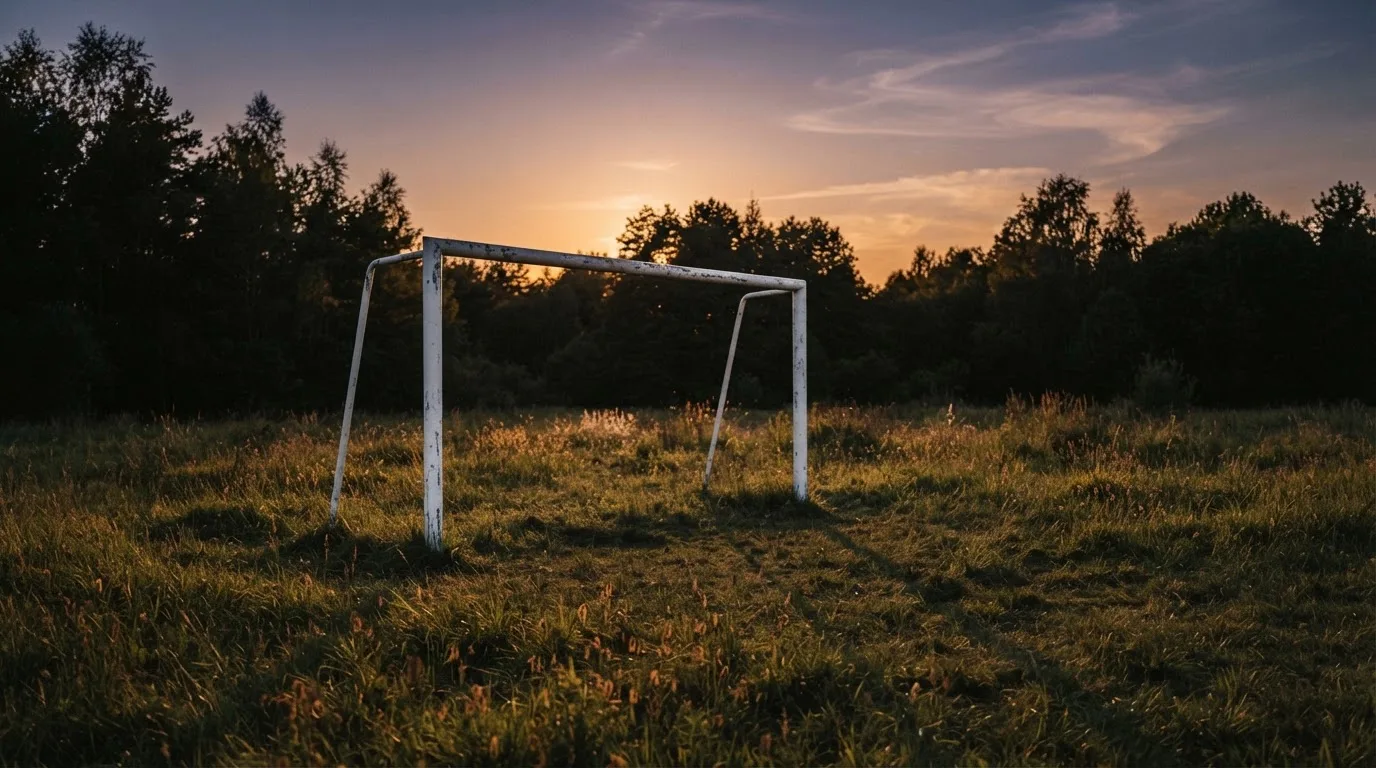 Ein Fussballtor ohne Netz steht auf einer Wiese am Waldrand, die Abenddämmerung färbt den Himmel orange.
