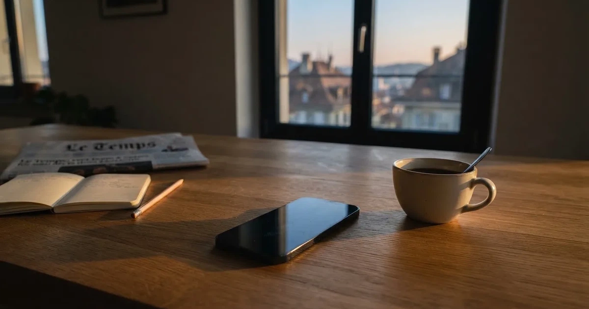 Ein Smartphone mit dunklem Display liegt auf einem Holztisch neben einer Kaffeetasse, durch das Fenster fällt warmes Abendlicht.