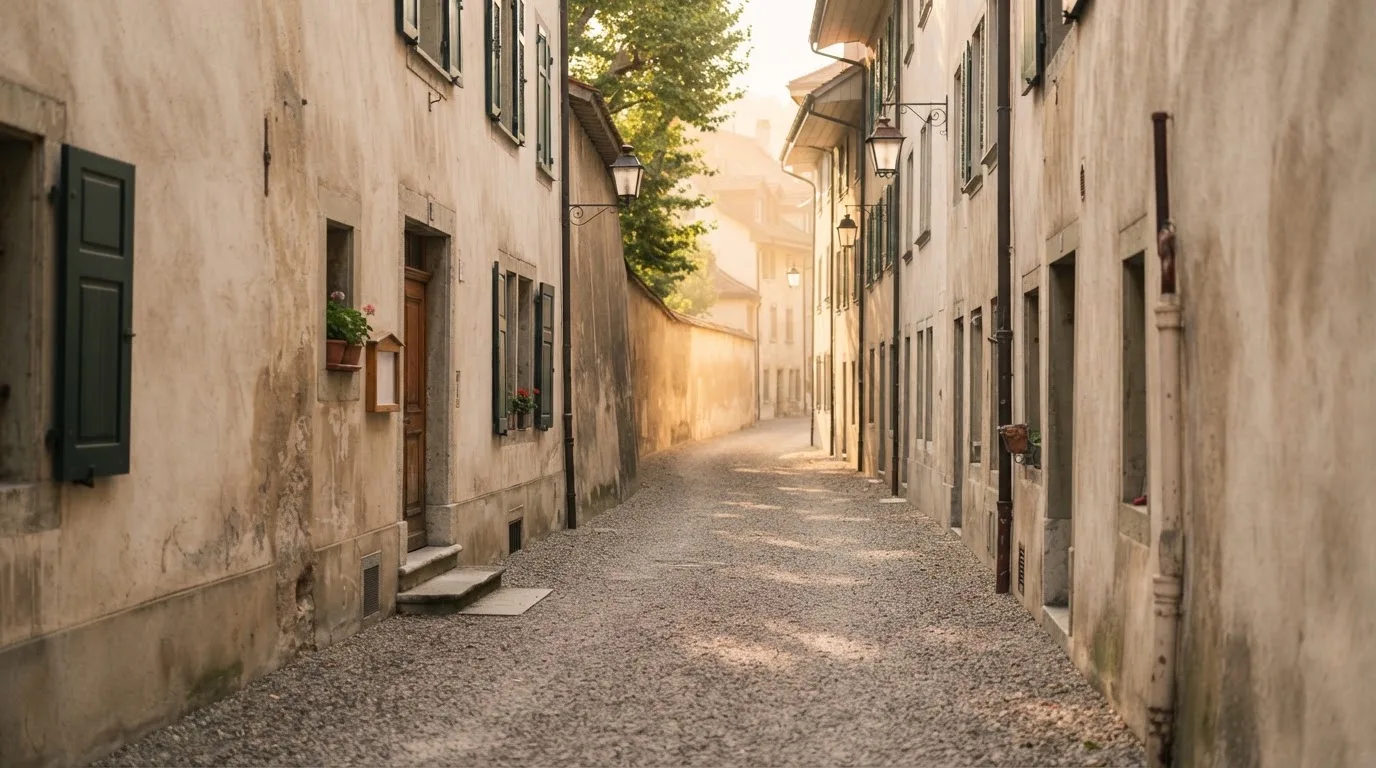 Ein schmaler Kiesweg führt zwischen zwei hellen Mauern durch eine Schweizer Altstadt, die Laternen sind noch nicht angezündet.