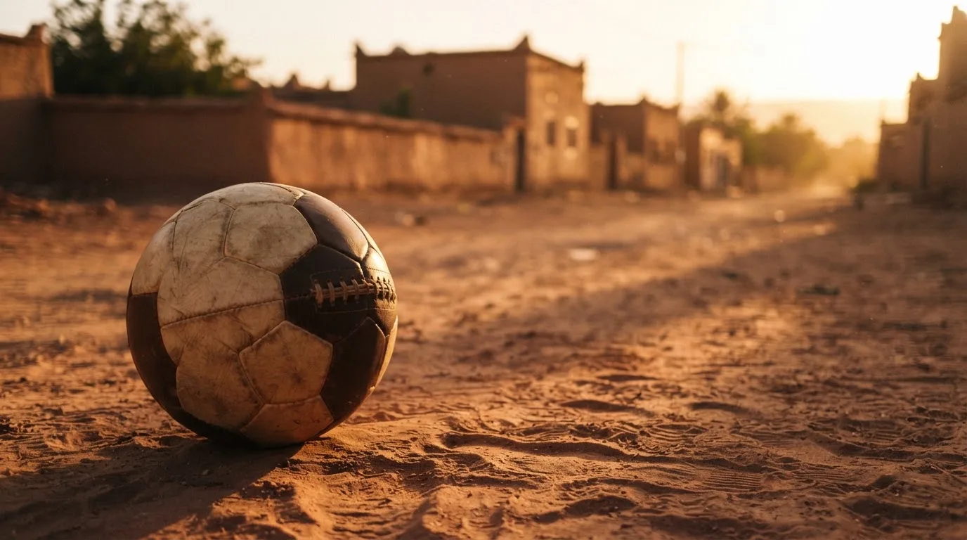 Ein Fussball liegt auf rotbraunem Sand am Rand eines Dorfes, die Abendsonne wirft lange Schatten.