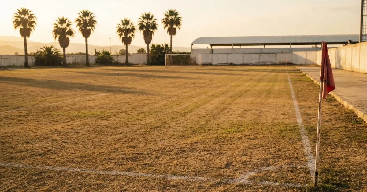 Ein ausgetrockneter Fussballplatz mit Rasenstreifen im warmen Nachmittagslicht, im Hintergrund Palmen und ein flaches Stadiondach.