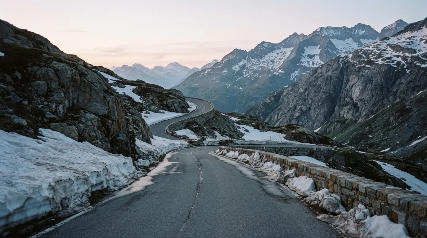 Ein Bergpass in den Schweizer Alpen mit leerer Strasse und Schneeresten am Rand im ersten Frühlicht.