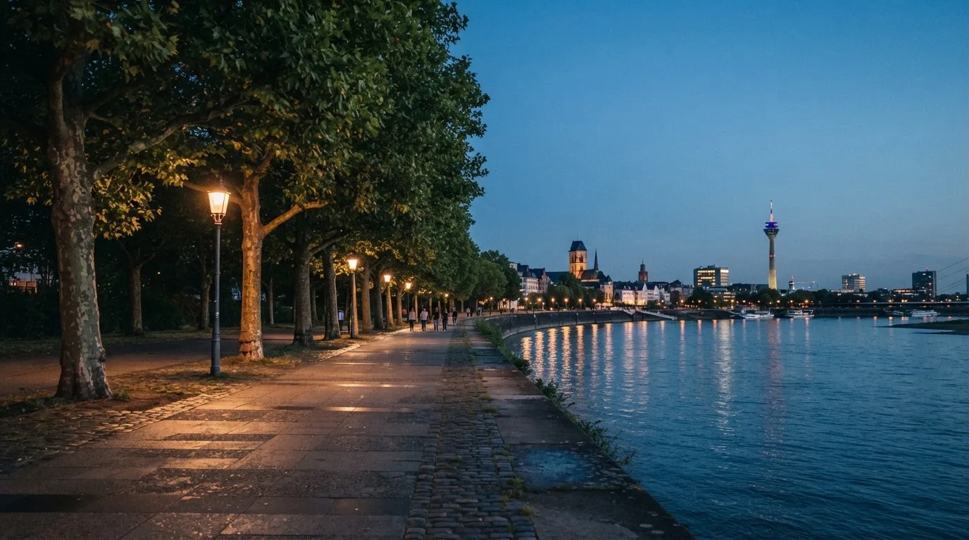 Eine Rheinpromenade mit hohen Bäumen am Abend, das Wasser spiegelt das Licht der ersten Laternen.