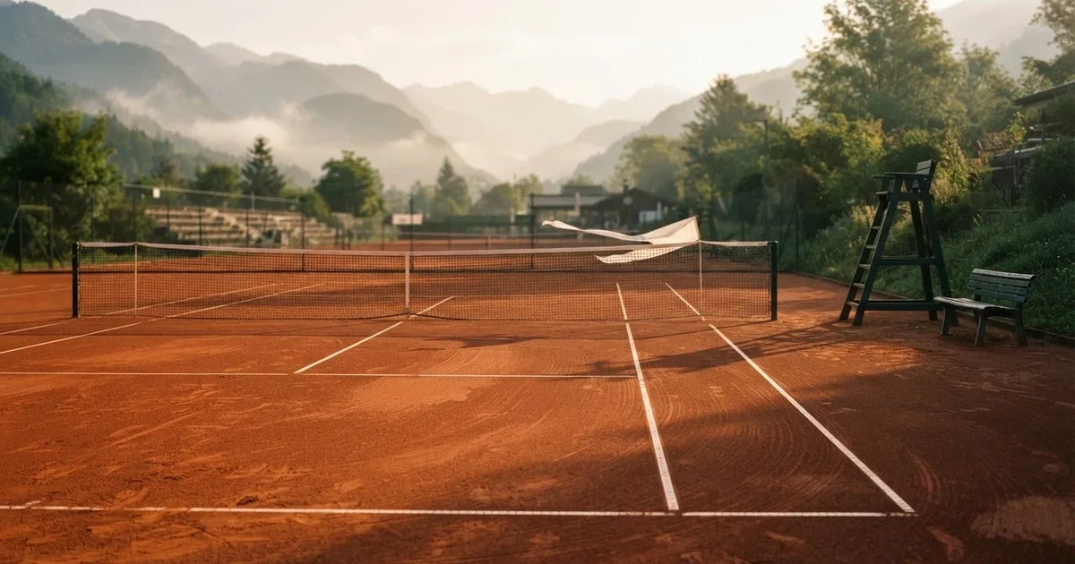 Ein Sandplatz im ersten Morgenlicht, die Linien sind frisch gezogen, das Netz bewegt sich leicht im Wind, Berge im Dunst.