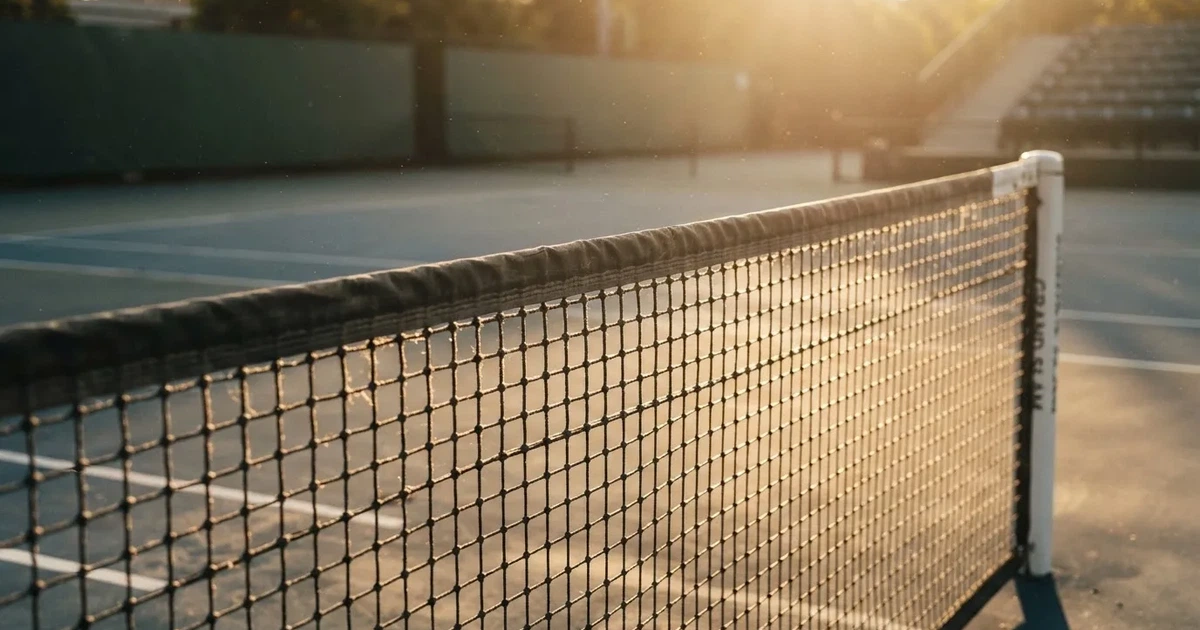 Ein Tennisnetz in Nahaufnahme im Gegenlicht der tiefstehenden Sonne, feine Staubkörner schweben über dem Platz.