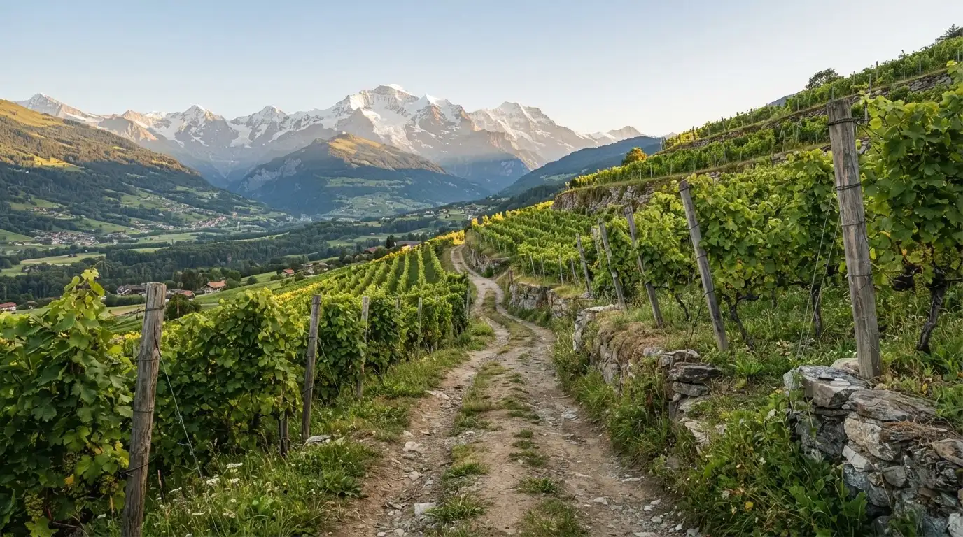 Ein Feldweg zwischen Weinreben im Wallis bei Sonnenaufgang, im Hintergrund hohe Berge und klare Luft.