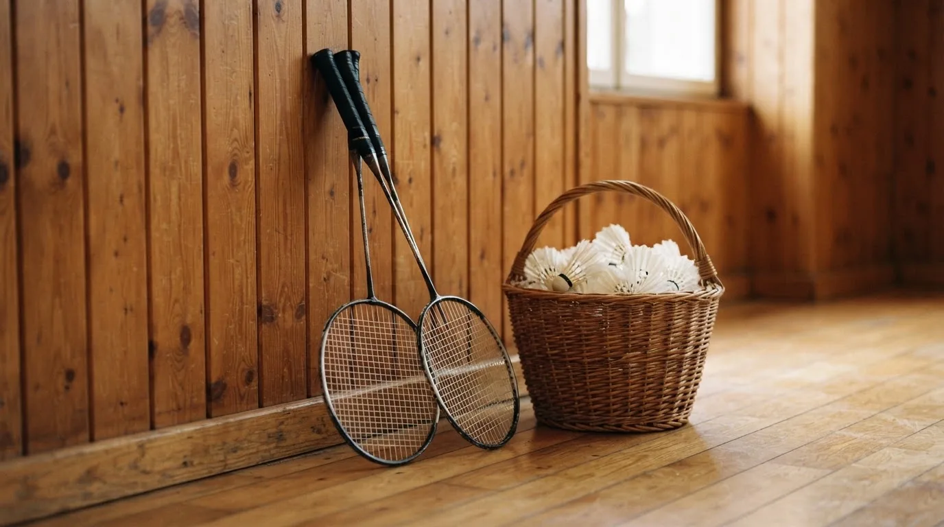 Zwei Badmintonschläger lehnen gekreuzt an einer Hallenwand aus Holz, daneben steht ein Korb mit Federbällen.