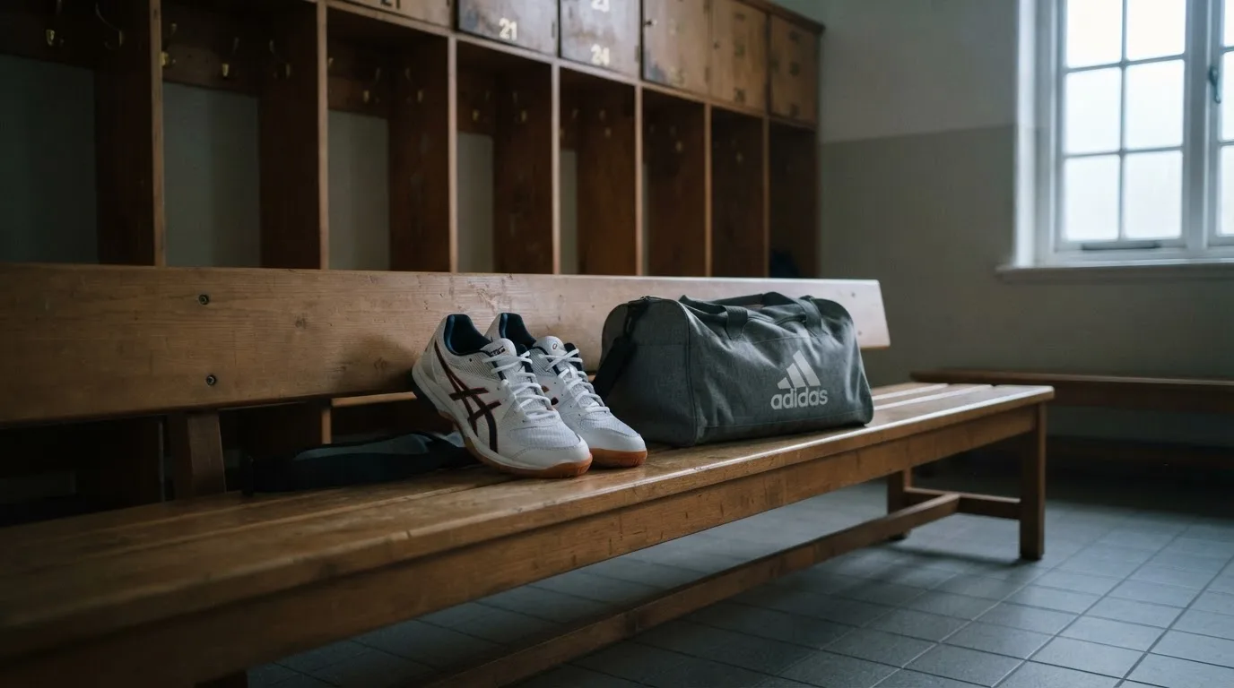 Ein Paar Hallenschuhe steht ordentlich neben einer Sporttasche auf einer Bank in einer leeren Garderobe, ein Fenster lässt Morgenlicht herein.