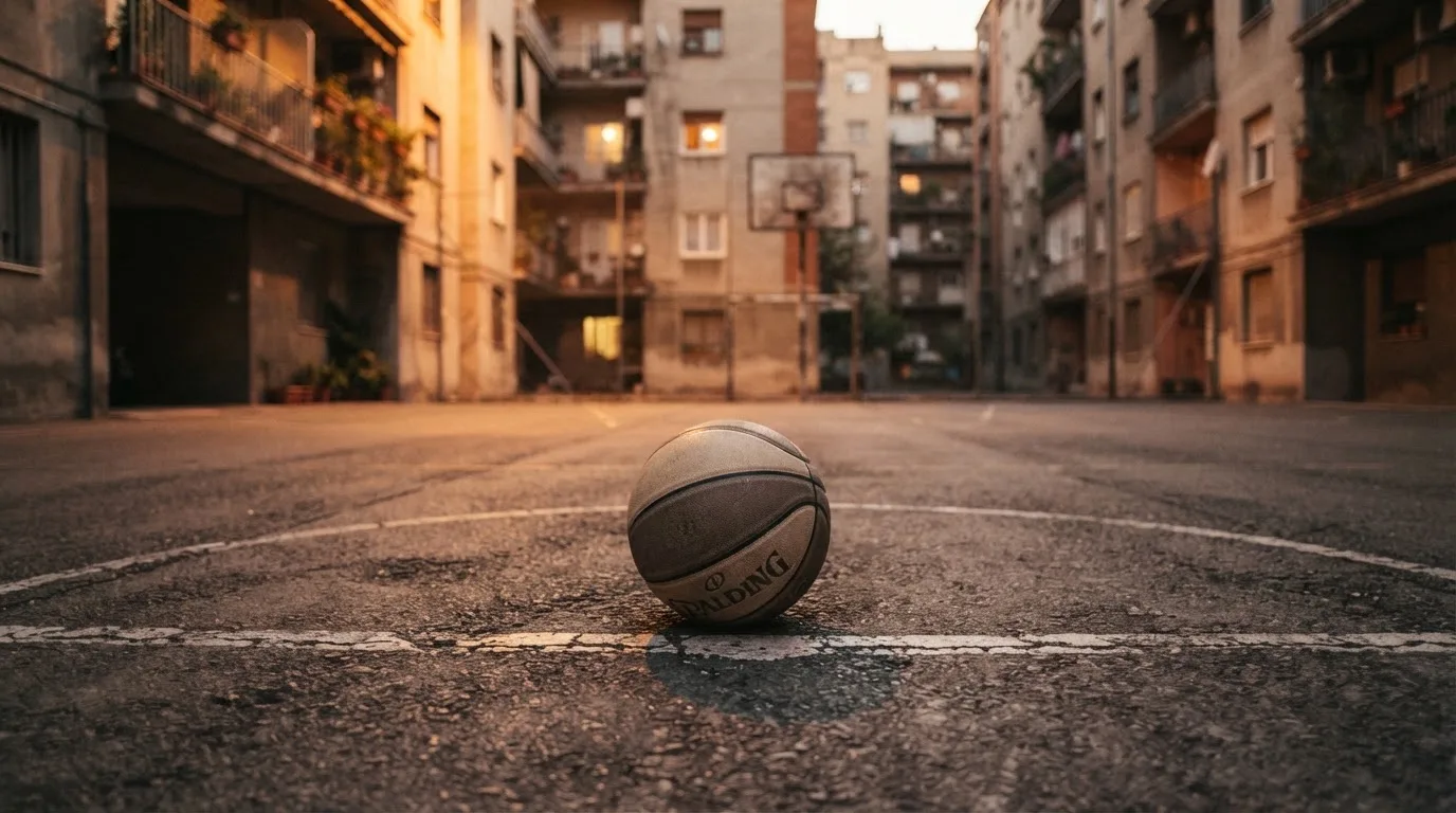 Ein Basketball liegt auf einem Asphaltplatz in einem Hinterhof zwischen Wohnblöcken, das Abendlicht färbt die Wände warm.