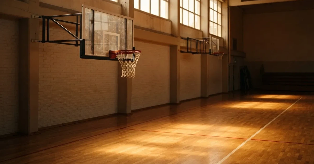 Ein Basketballkorb mit Netz in einer leeren Halle, Licht fällt von hohen Fenstern auf den glänzenden Parkettboden.