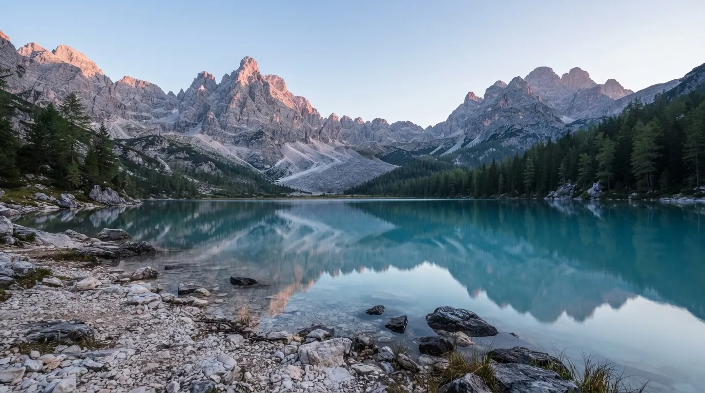 Ein Bergsee mit ruhigem Wasser und Gipfeln im Morgenlicht, am Ufer liegen glatte Steine.