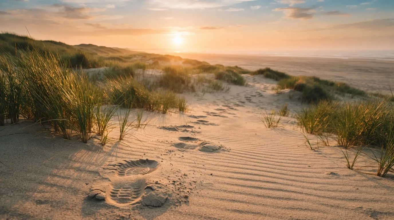 Spuren im Sand führen durch Dünengras auf den Horizont zu, die Sonne steht tief und färbt den Himmel orange.