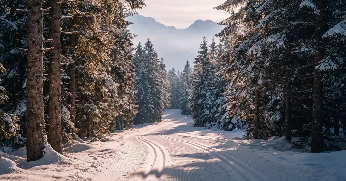 Eine verschneite Langlaufloipe führt durch Tannenwald im Morgenlicht, frische Spuren im Schnee, dahinter Berge im Dunst.