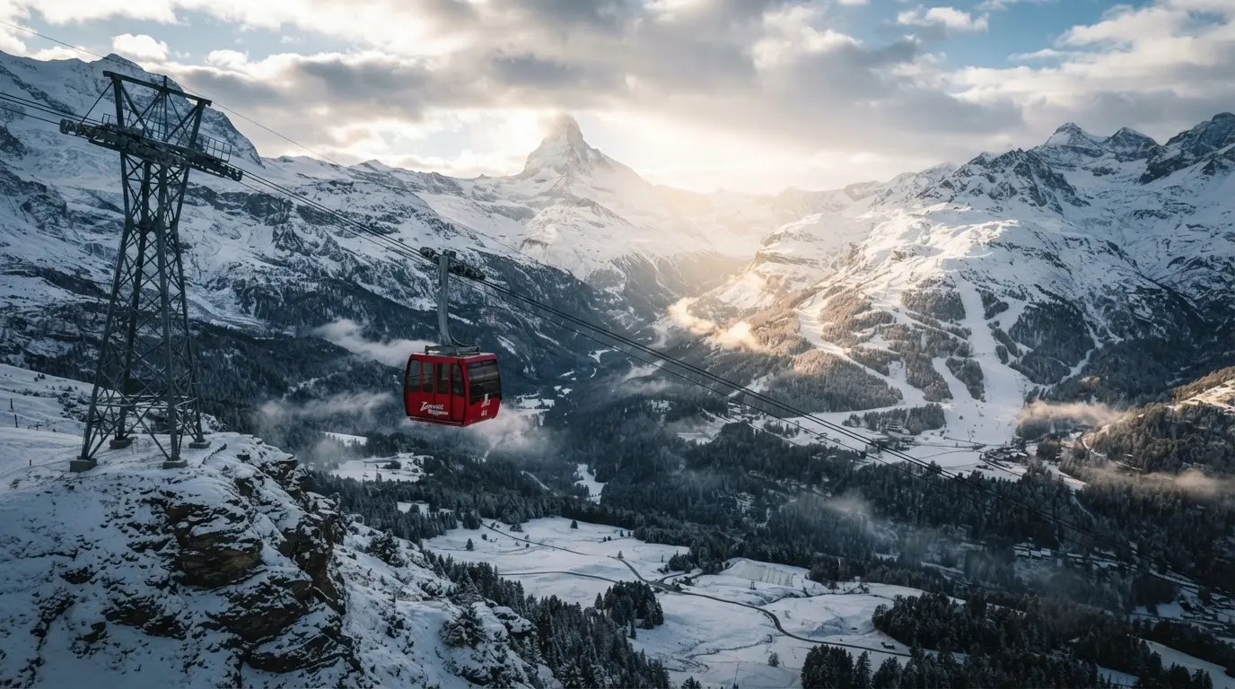 Eine Seilbahnkabine schwebt über einem verschneiten Tal, die Sonne bricht durch die Wolken und beleuchtet die Hänge.